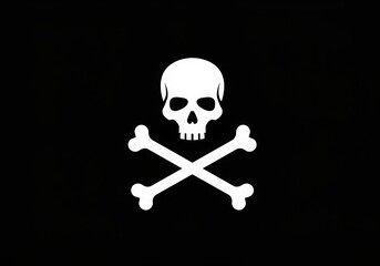 Minimalist skull and crossbones black and white icon, simplified pirate symbol, danger warning sign