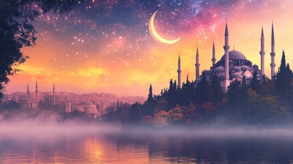 Naklejka premium Majestic mosque at sunset, crescent moon, starry sky, misty river.