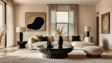 Minimalist living room, neutral color palette, curved sofa, round coffee table, abstract wall art, arched doorway, pampas grass, textured rug, modern interior design, warm lighting, cozy atmosphere, e