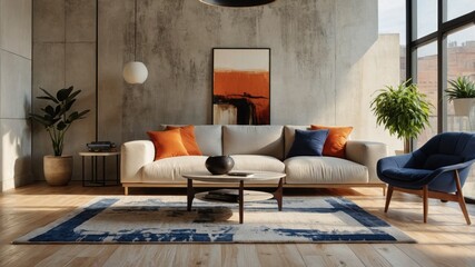 modern living room interior, cozy apartment, neutral color palette, large windows, natural light, minimalist furniture, beige sofa, orange accent pillows, round coffee table, wooden floor, area rug, p