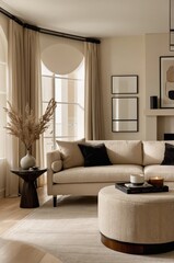 Elegant living room interior, neutral color palette, beige walls, sectional sofa, round coffee table, modern art print, large windows, natural light, minimalist decor, cozy ambiance, sophisticated des