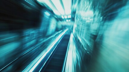 Blurred Metro Escalator with Light Blue Tones in Urban Environment