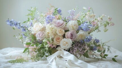 Pastel bridal bouquet with roses, delphiniums, and lisianthus.