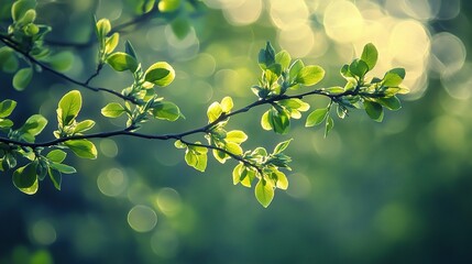 Obraz premium Abstract Spring Theme with Green Leaves and Blurred Bokeh Effect