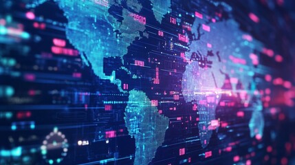 Futuristic Digital World Map Visualization with Data Streams, Glowing Connections, and High-Tech Aesthetic in Blue and Pink Colors for Technology Themes