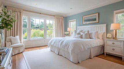 Fototapeta premium Traditional French-Style Bedroom with Blue Walls and Ivory Accents 