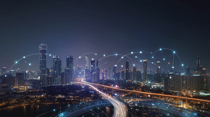 Fototapeta premium Smart digital Innovation city with connection network reciprocity over the cityscape. of future smart wireless city and social media networking systems that connects business people with in city