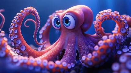 Obraz premium Cute cartoon octopus with big eyes in underwater scene.