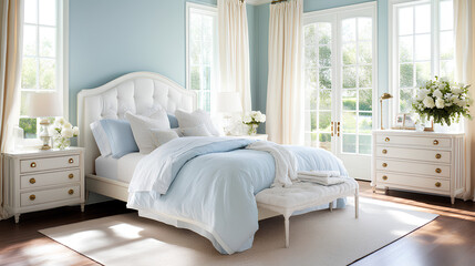 Traditional French-Style Bedroom with Blue Walls and Ivory Accents
