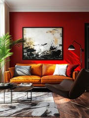 Modern Living Room Decor With Orange Leather Sofa
