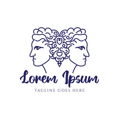 Vintage Retro Two Twin Face Greek Janus God Line Style Icon Logo Design