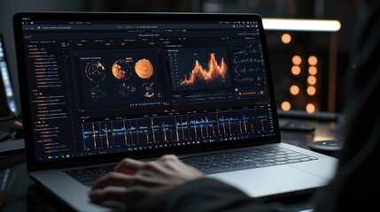 Person analyzing data on laptop.