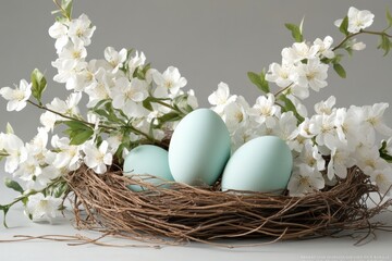 A serene Easter scene features a cozy nest of pastel blue eggs among blooming white flowers, symbolizing renewal and joy, reminding us of the vibrant festivities with loved ones during this holiday