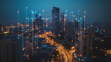 Obraz premium Smart digital Innovation city with connection network reciprocity over the cityscape. of future smart wireless city and social media networking systems that connects business people with in city