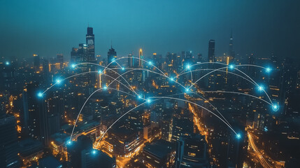Fototapeta premium Smart digital Innovation city with connection network reciprocity over the cityscape. of future smart wireless city and social media networking systems that connects business people with in city