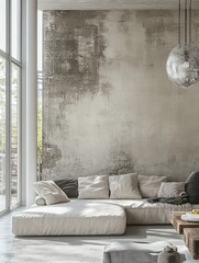 Modern Living Room Sectional Sofa Concrete Wall Decor