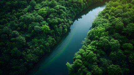 Aerial View of Serene River Meandering through Lush Forest, Capturing Natural Beauty and Tranquility