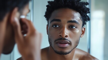 Man looks in mirror, focusing on personal reflection and grooming in serene setting.