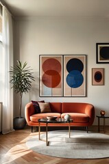 Mid-century modern living room, abstract geometric art prints, orange velvet sofa, curved coffee table, textured wall panels, brass table lamp, potted plant, neutral color palette with pops of color, 