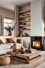 cozy living room, modern rustic interior, neutral color palette, white sofa, wooden coffee table, fireplace, large windows, sheer curtains, potted plant, abstract wall art, textured throw pillows, war