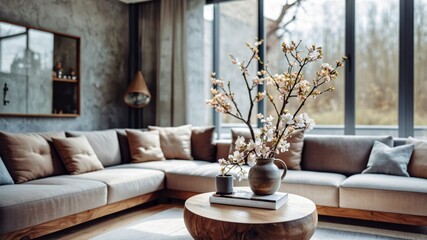 Interior design, modern living room, neutral color palette, large windows, natural light, curved sofa, wooden coffee table, marble walls, minimalist decor, floral arrangements, zen atmosphere, Japanes