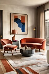 Mid-century modern living room, abstract geometric art prints, orange velvet sofa, curved coffee table, textured wall panels, brass table lamp, potted plant, neutral color palette with pops of color, 