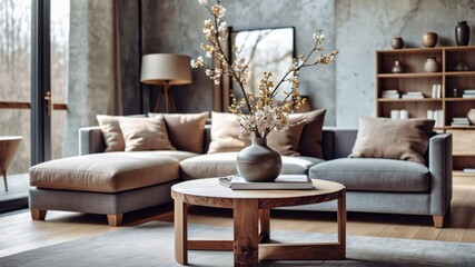 Interior design, modern living room, neutral color palette, large windows, natural light, curved sofa, wooden coffee table, marble walls, minimalist decor, floral arrangements, zen atmosphere, Japanes
