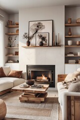 cozy living room, modern rustic interior, neutral color palette, white sofa, wooden coffee table, fireplace, large windows, sheer curtains, potted plant, abstract wall art, textured throw pillows, war