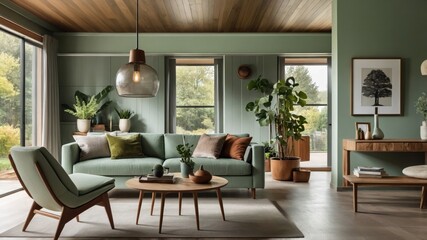Mid-century modern living room, sage green walls, floor-to-ceiling windows, natural light, wooden ceiling, pendant light, green velvet sofa, leather armchair, houseplants, area rug, coffee table, retr