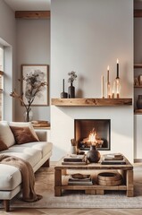 cozy living room, modern rustic interior, neutral color palette, white sofa, wooden coffee table, fireplace, large windows, sheer curtains, potted plant, abstract wall art, textured throw pillows, war