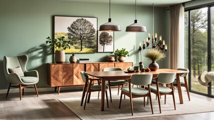 Fototapeta premium Mid-century modern living room, sage green walls, floor-to-ceiling windows, natural light, wooden ceiling, pendant light, green velvet sofa, leather armchair, houseplants, area rug, coffee table, retr