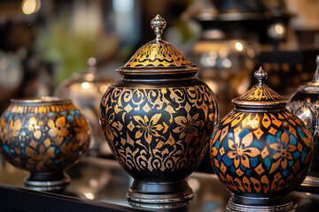 Ornate Decorative Jars with Intricate Gold and Black Designs
