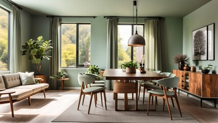 Fototapeta premium Mid-century modern living room, sage green walls, floor-to-ceiling windows, natural light, wooden ceiling, pendant light, green velvet sofa, leather armchair, houseplants, area rug, coffee table, retr
