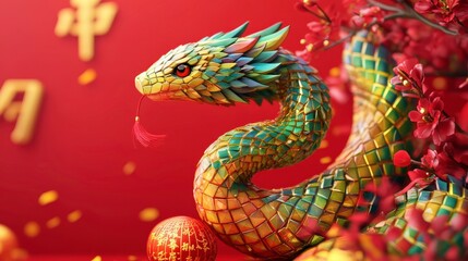 Obraz premium Zodiac Snake Sculpture Festive Setting Ultra-Realistic Art Vibrant Colors