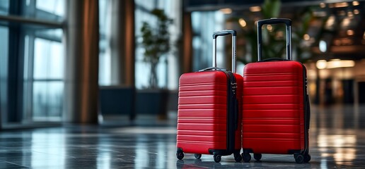 Two red suitcases positioned in a modern airport setting.