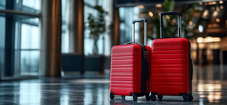 Two red suitcases positioned in a modern airport setting.