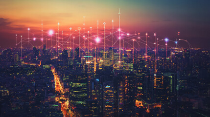 Obraz premium Smart digital Innovation city with connection network reciprocity over the cityscape. of future smart wireless city and social media networking systems that connects business people with in city