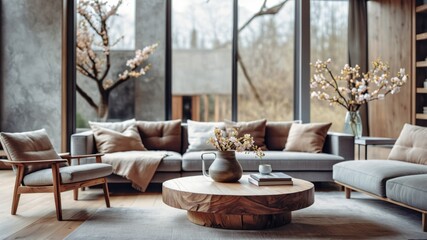 Interior design, modern living room, neutral color palette, large windows, natural light, curved sofa, wooden coffee table, marble walls, minimalist decor, floral arrangements, zen atmosphere, Japanes