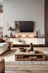 cozy living room, modern rustic interior, neutral color palette, white sofa, wooden coffee table, fireplace, large windows, sheer curtains, potted plant, abstract wall art, textured throw pillows, war