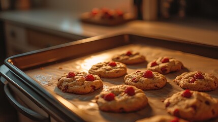 Warm raspberry cookies on baking sheet.
