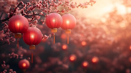 Fototapeta premium Blooming Plum Blossoms with Lanterns - A Celebration of Spring and Lunar New Year , Banner or Poster with a lot of space for text or product images