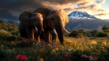African Elephants at Sunset near Majestic Mountain