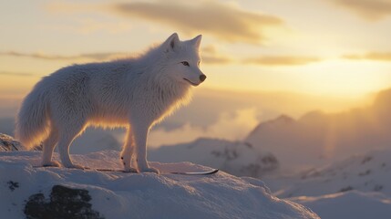 Fototapeta premium Majestic arctic wolf at sunset on snowy mountain peak.
