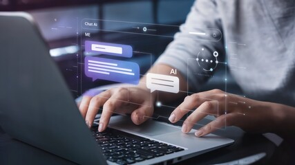 ChatGPT, LLMs (Large Language Models) Chat With AI Technology. Man Using a Laptop Computer Chatting With an Intelligent Artificial Intelligence. Smart Assistant Futuristic Concept Background.