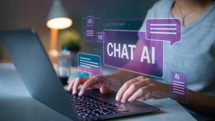 ChatGPT, LLMs (Large Language Models) Chat With AI Technology. Woman Using a Laptop Computer Chatting With an Intelligent Artificial Intelligence. Smart Assistant Futuristic Concept Background.