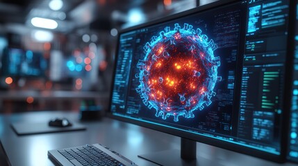 Computer displaying a 3D virus model visualization.