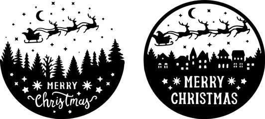 Merry Christmas vector round door sign. Santa Claus flies in a sleigh with reindeer over the city and trees. Templates for laser or paper cutting. Isolated on white background.