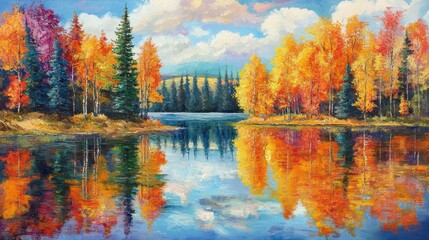 Naklejka premium A vibrant lake scene with a forest of colored trees, their leaves scattered along the shoreline, crystal-clear water with a gentle breeze, perfect symmetry in reflections 