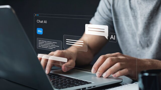 ChatGPT, LLMs (Large Language Models) Chat With AI Technology. Man Using a Laptop Computer Chatting With an Intelligent Artificial Intelligence. Smart Assistant Futuristic Concept Background.