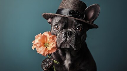 A French Bulldog dressed in a fashionable hat, clutching a flower, exuding an irresistible blend of elegance and playfulness.